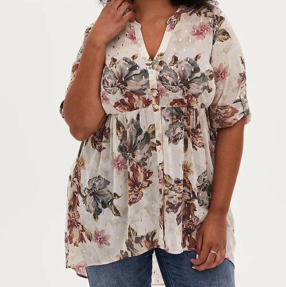 Torrid 4x Floral Chiffon Hi Low Babydoll Top